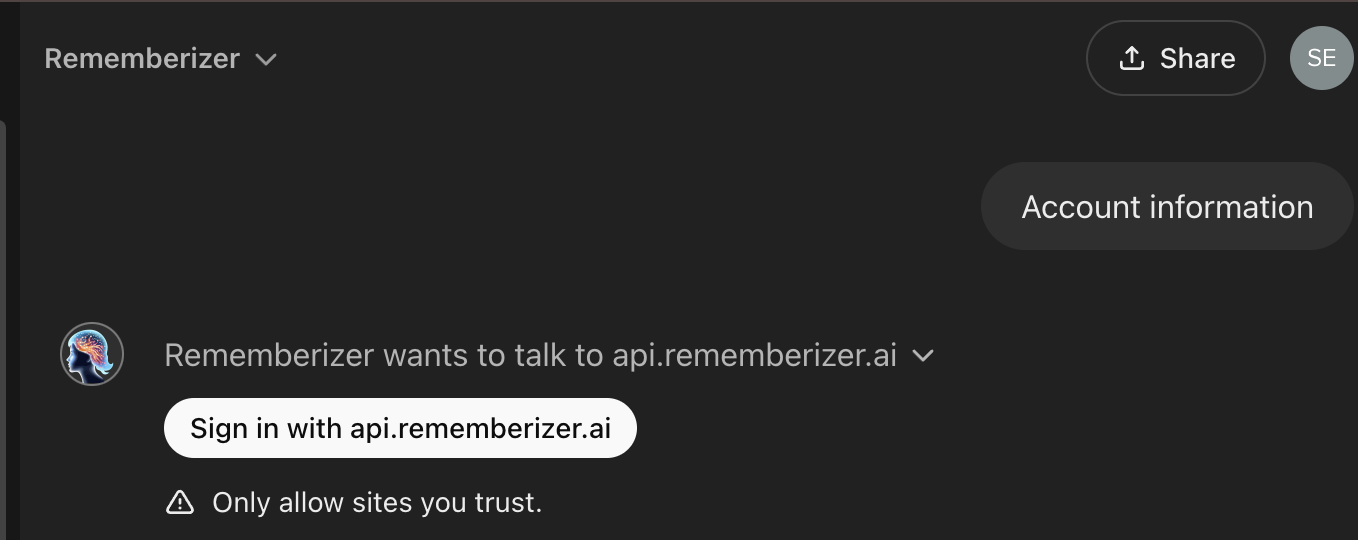 Solicitação de login do aplicativo Rememberizer GPT