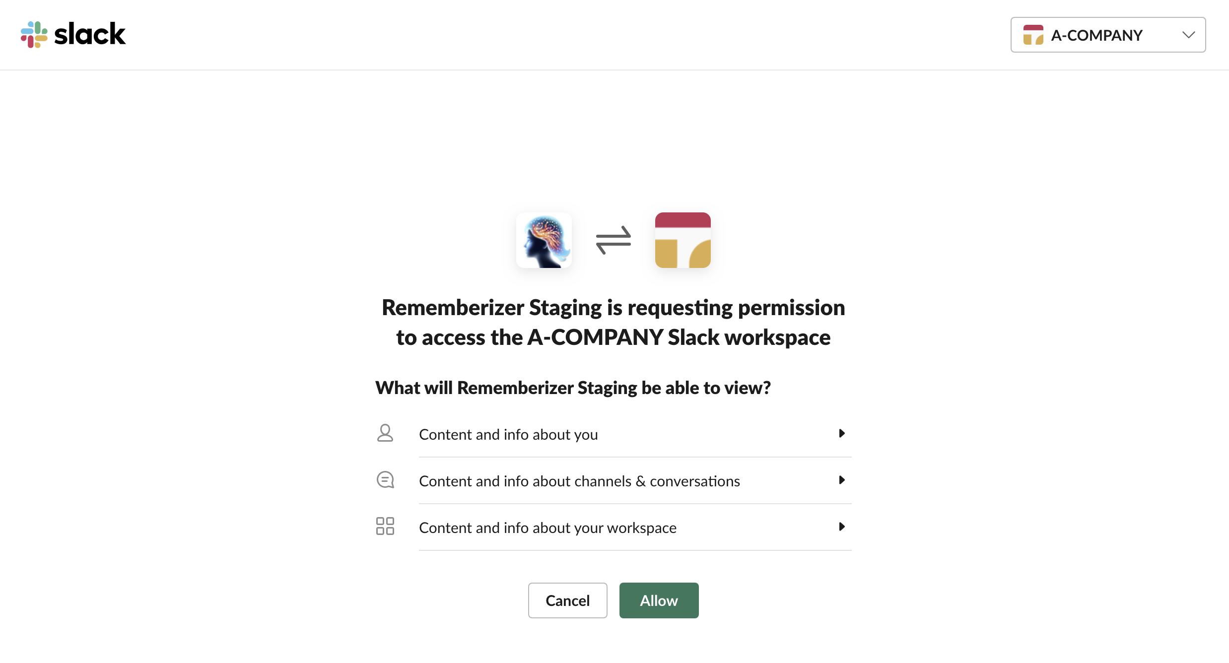 Tela de autorização do Slack