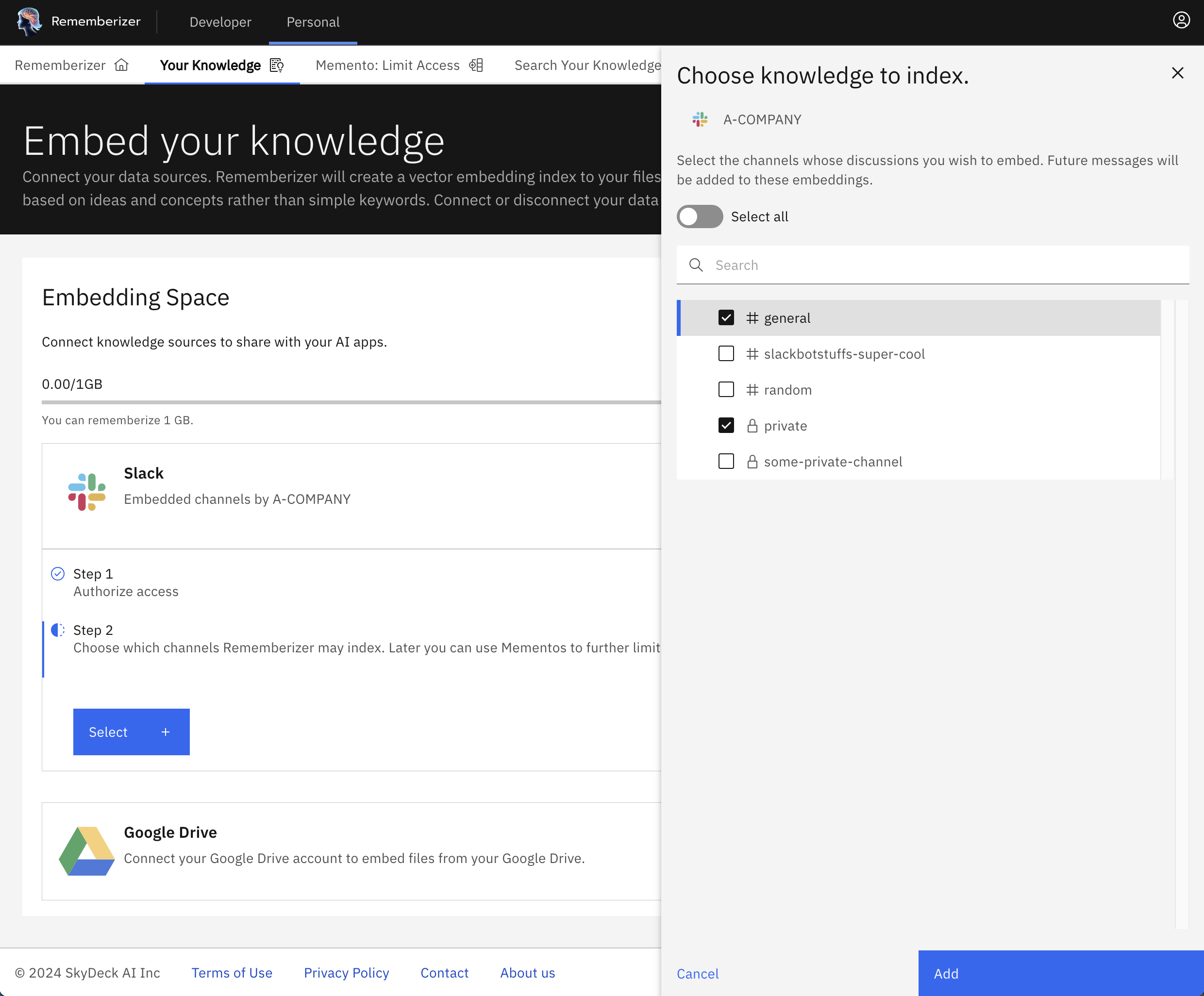 Selecionar canais para serem incorporados como conhecimento