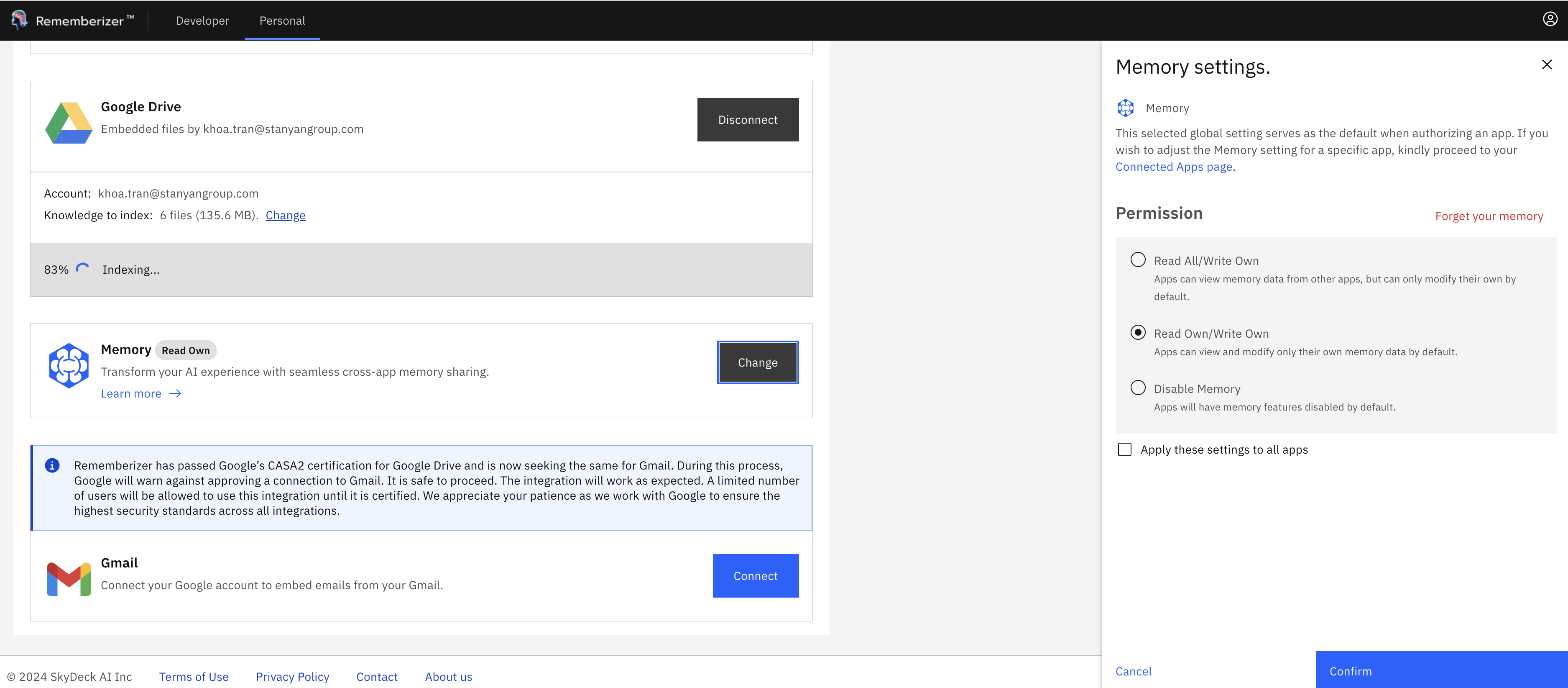 Configuração de Memória na Página de Conhecimento