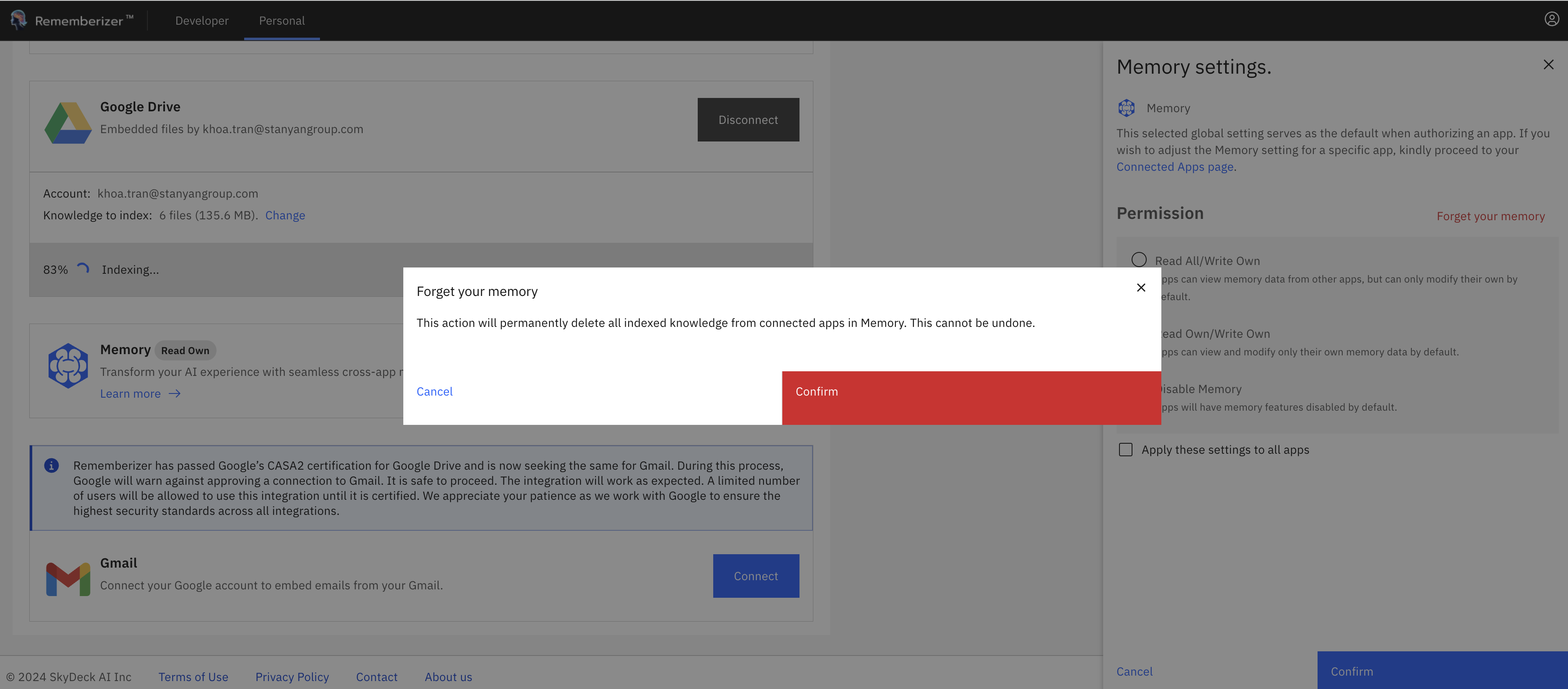 Modal de Confirmação ao Esquecer Memória