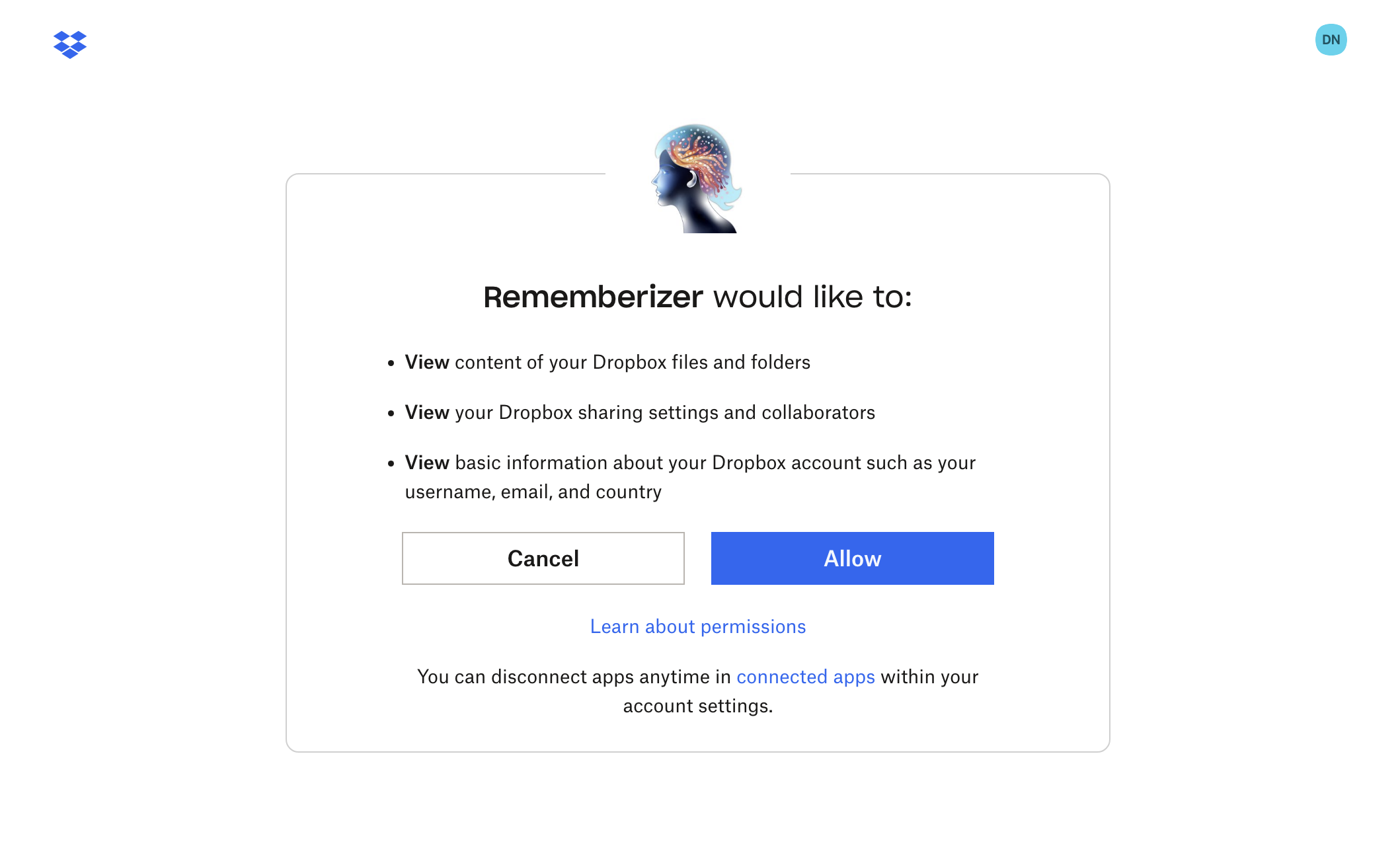 Tela de autorização do Dropbox OAuth