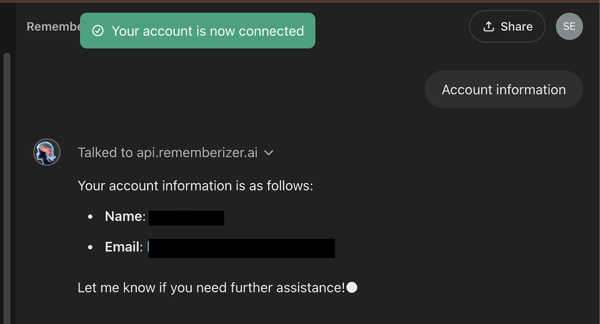 Conta conectada com sucesso