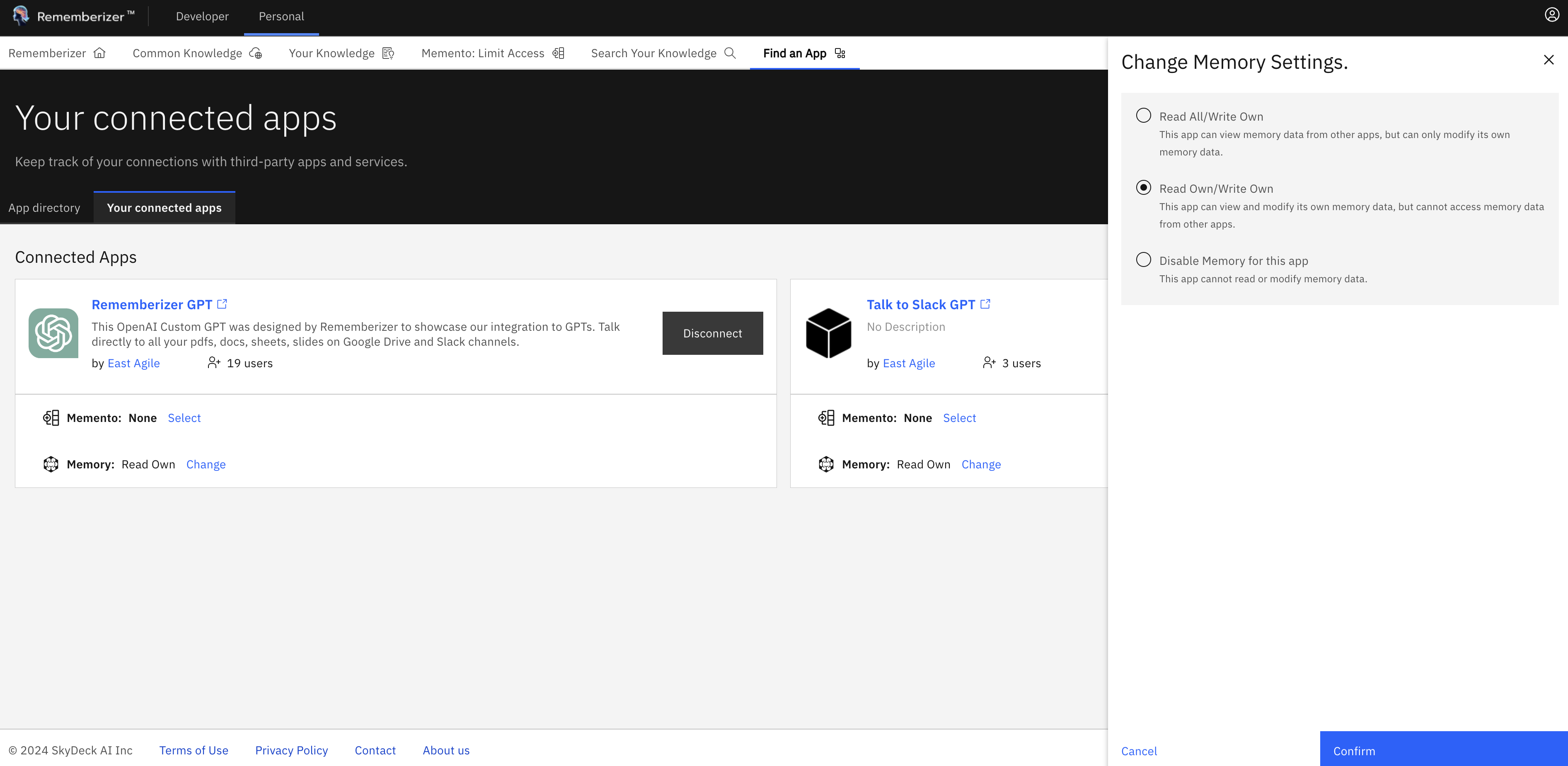 Configuração de Memória para cada App na Página de Apps Conectados